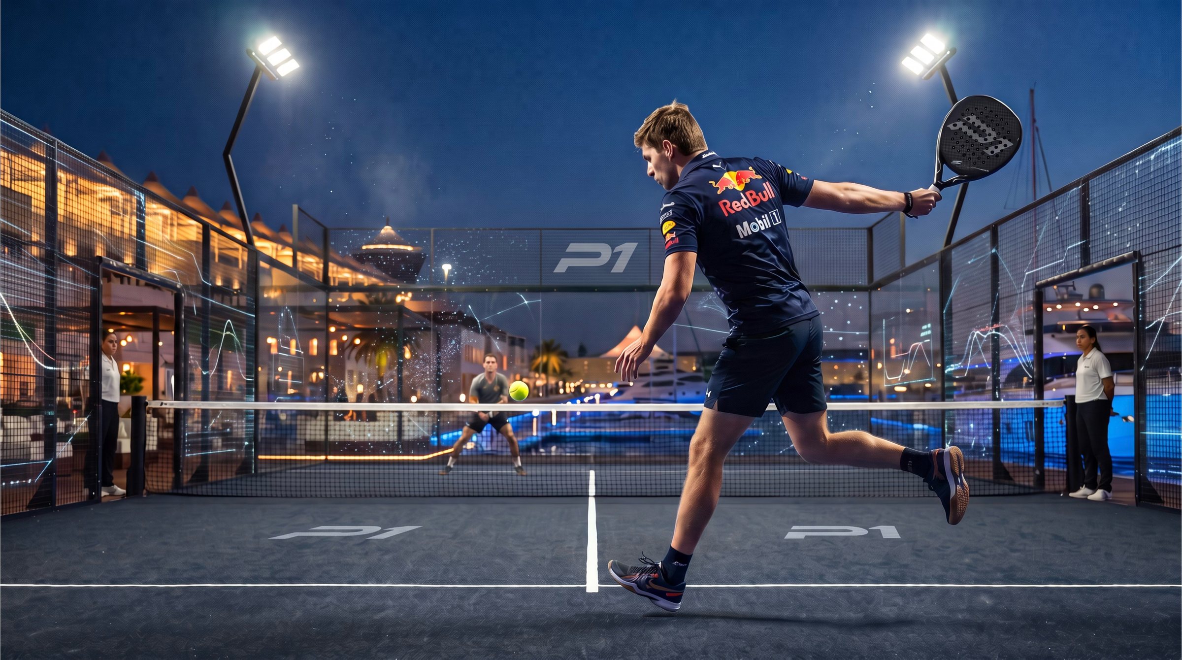 An F1 driver stretches for a volley on the floating court under floodlights
