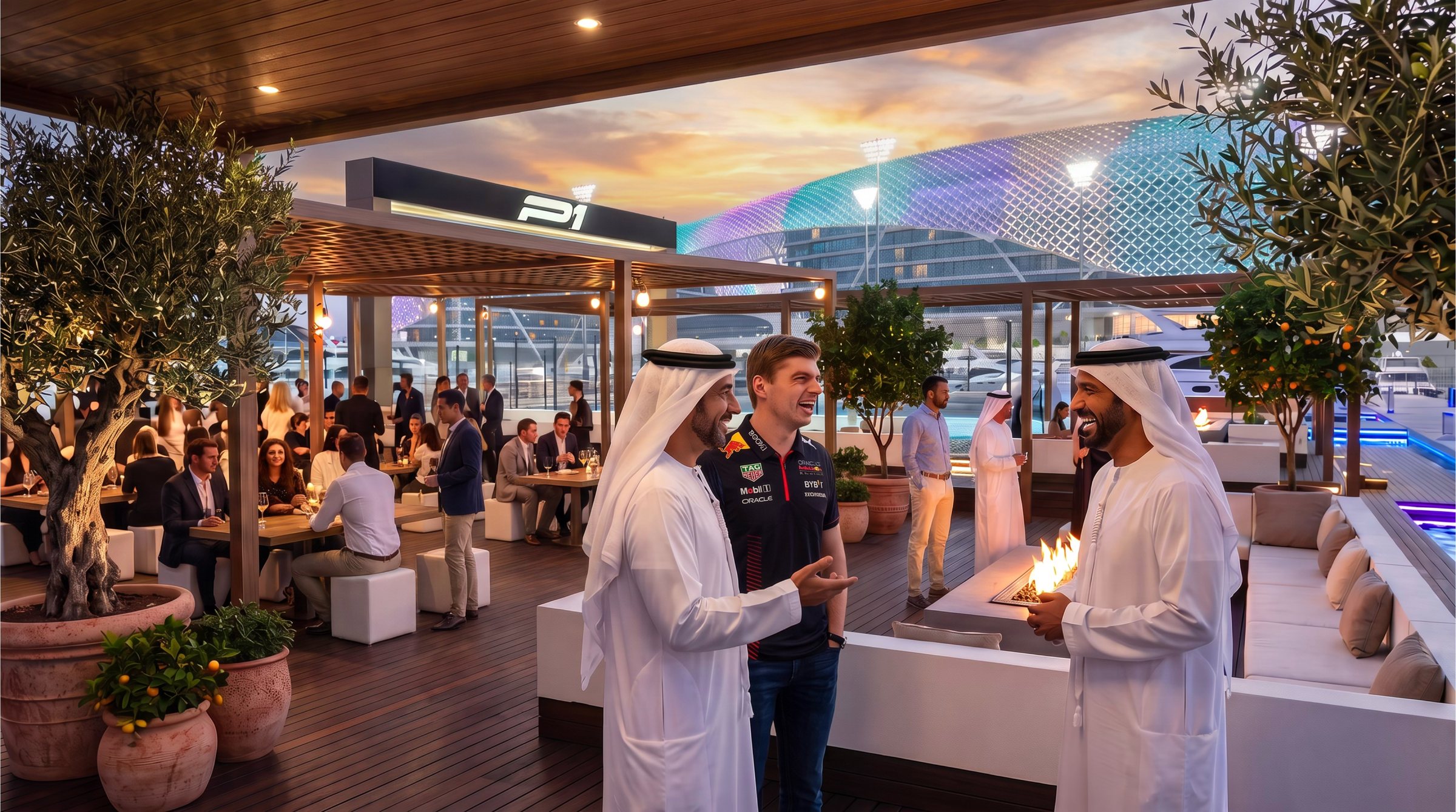 Guests and an F1 driver talk around a fire pit on the P1 terrace, the marina hotel lit behind