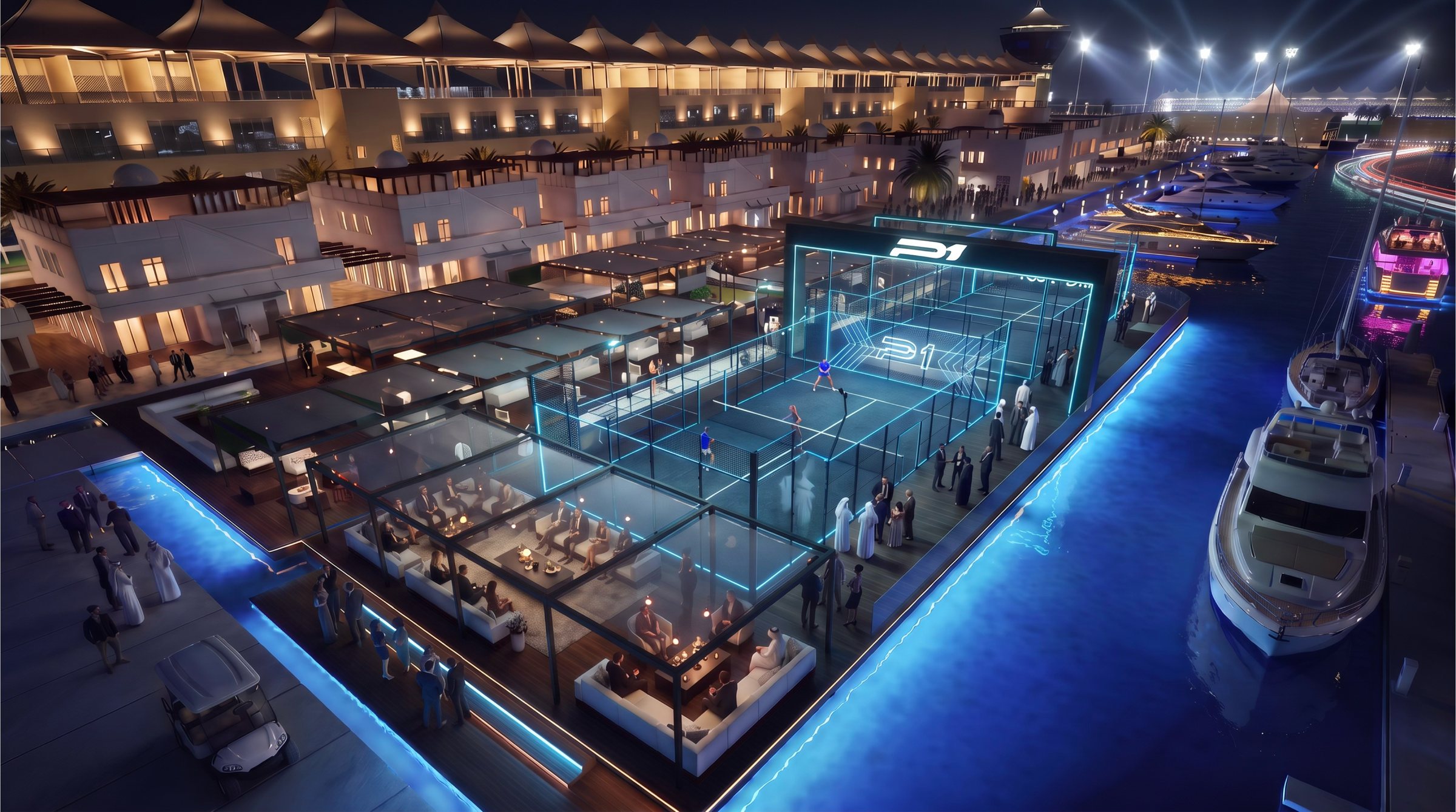 Aerial night view of a glass padel court on a pontoon in Yas Marina, lit in blue beside the yachts