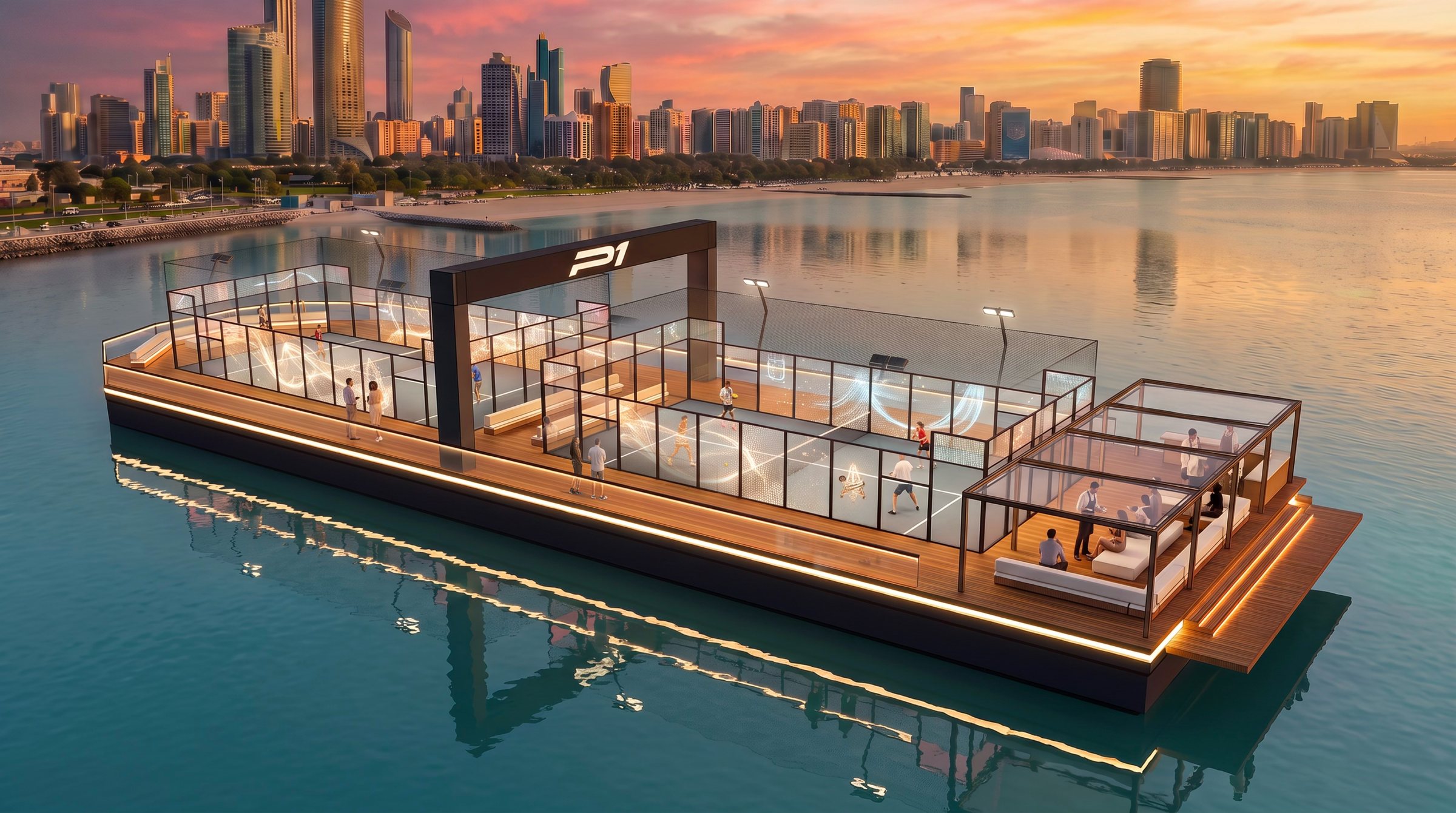 The Padel Dhow, a floating vessel with two glass courts, on calm water with the Corniche skyline behind at sunset