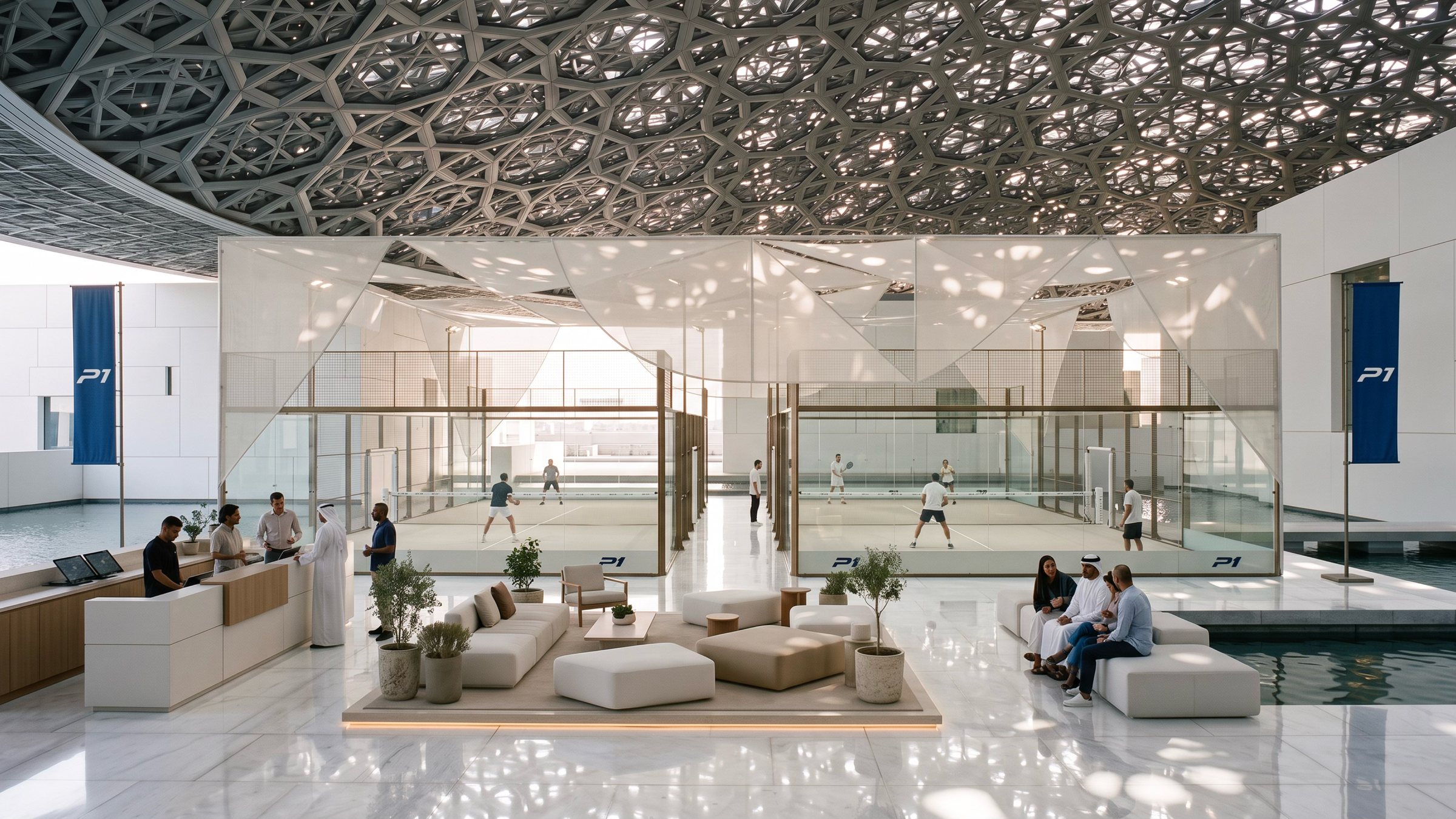 A white pavilion with glass courts beneath a perforated dome, lounges in the foreground