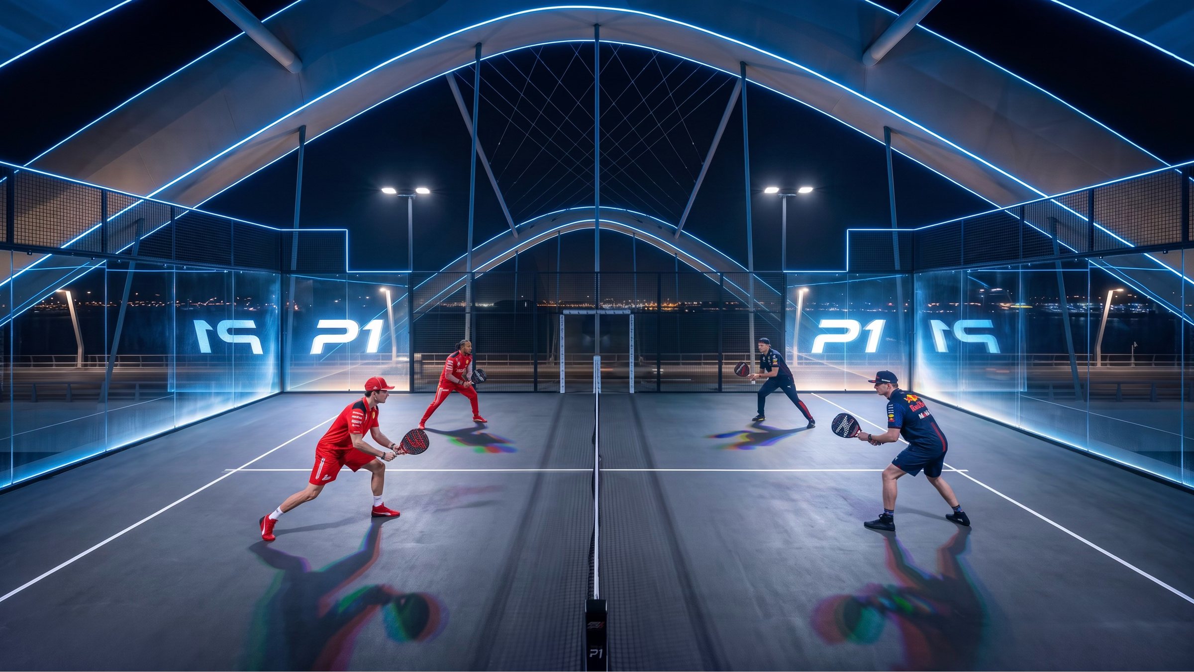 Four players in race-team kit play doubles on the court beneath the bridge arch at night