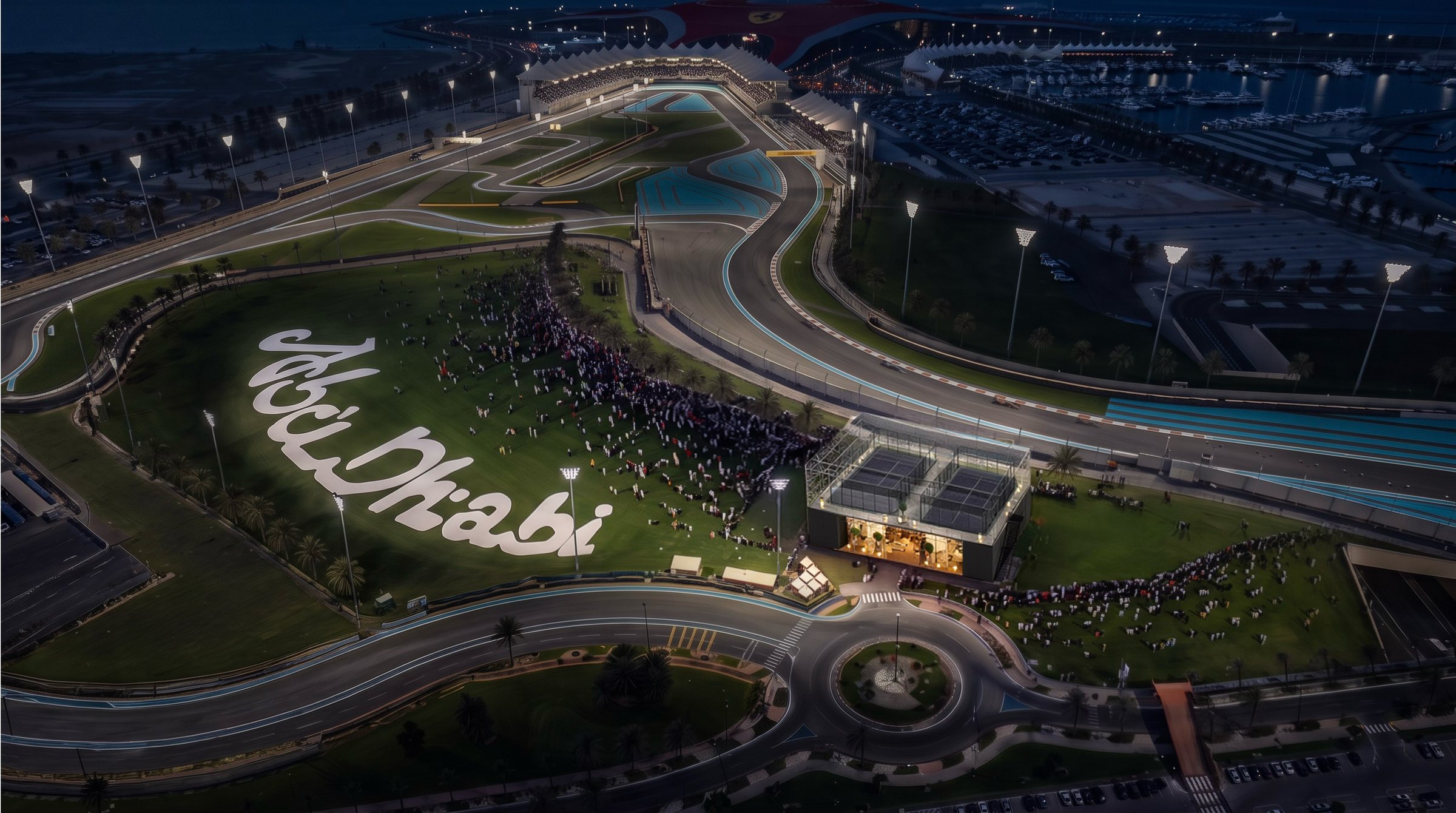 Aerial view of Abu Dhabi Hill inside the circuit, the pavilion set into the grass slope