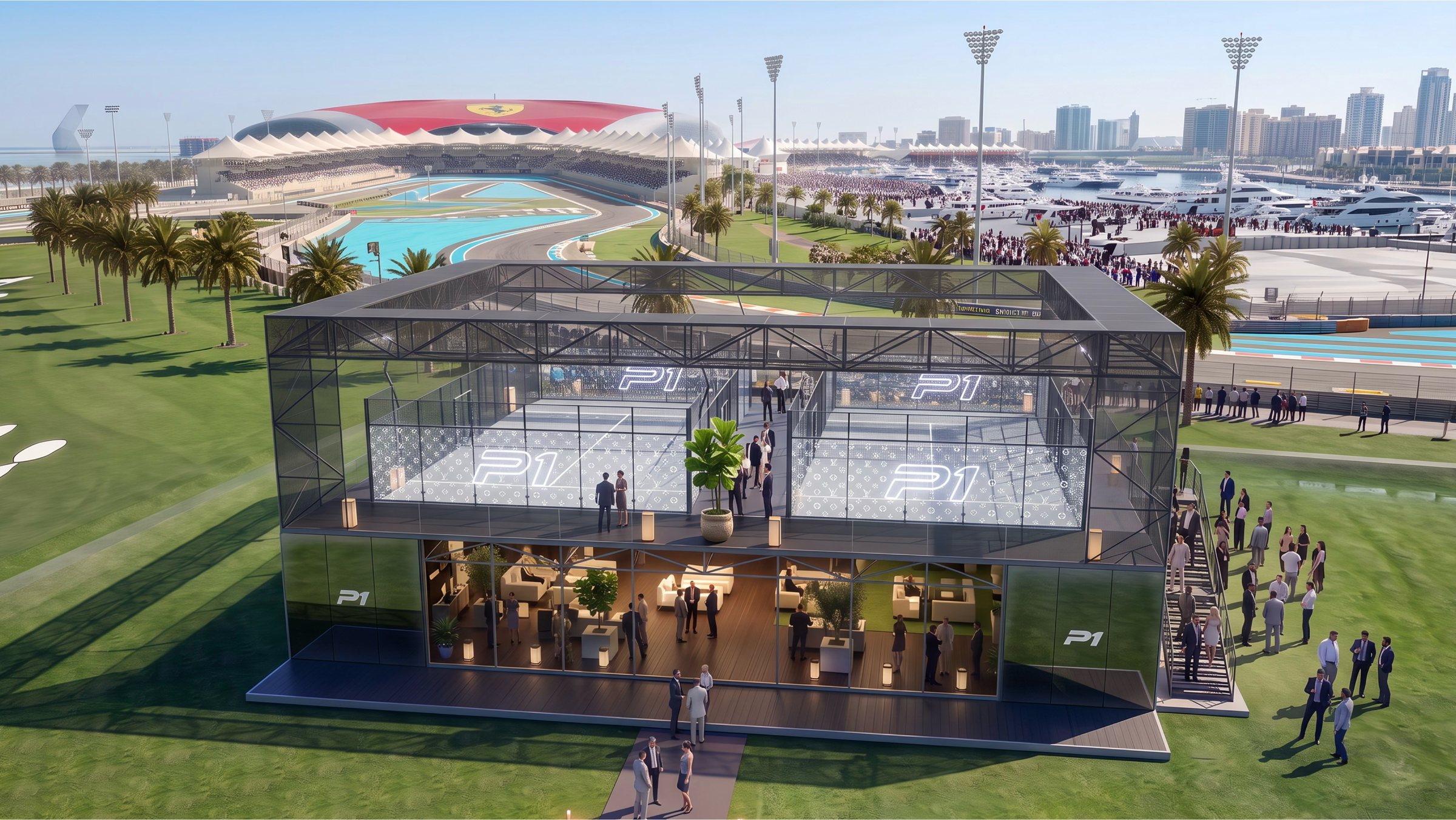The pavilion by day on the hill, the grandstands and marina behind
