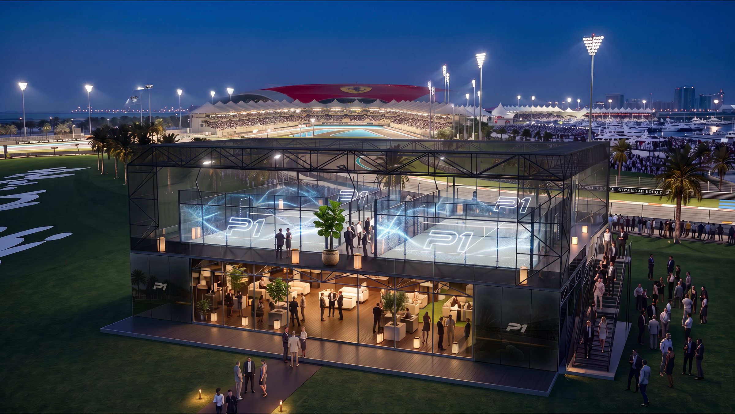 The two-storey glass pavilion at night: courts above, a full hospitality lounge below