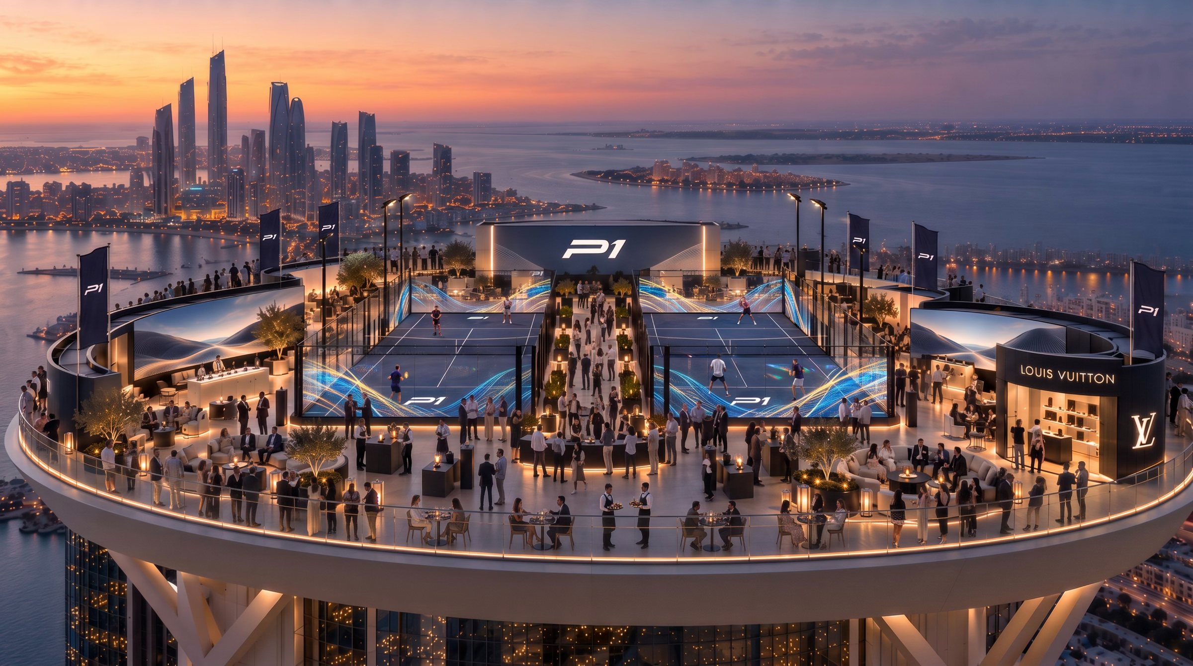 Twin courts on a circular rooftop helipad high above the city at dusk, a crowd between them