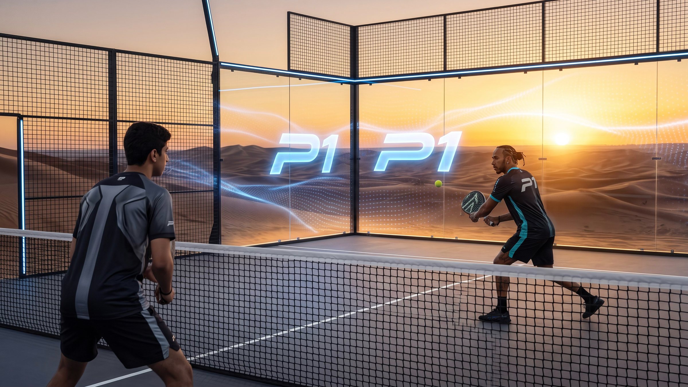 Two players rally on a glass court in the desert at sunset, P1 graphics glowing on the glass